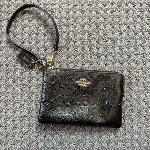 Coach Black Patent Signature Wristlet with Gold Hardware